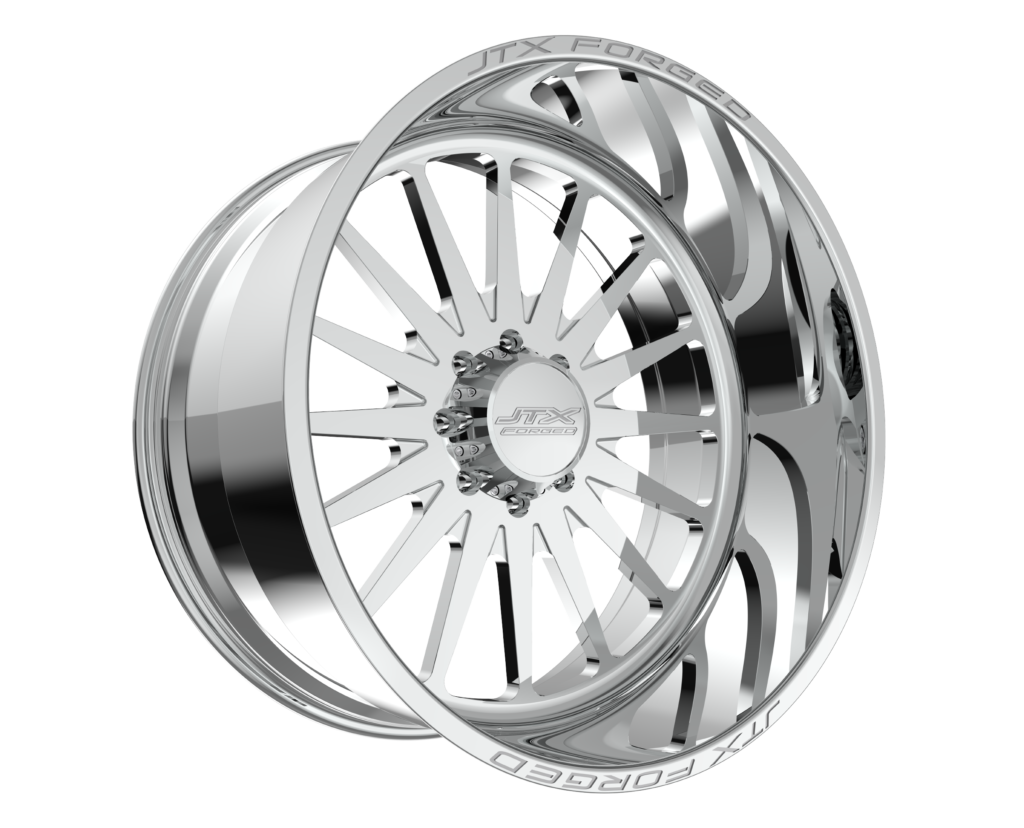 A shiny chrome car wheel rim with multiple spokes.