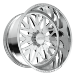 Chrome alloy wheel with intricate spoke design.