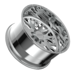 Chrome car wheel rim on black background.