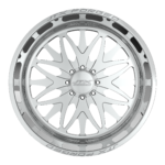 Silver car wheel rim with intricate design.