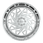 Silver alloy wheel with intricate design.