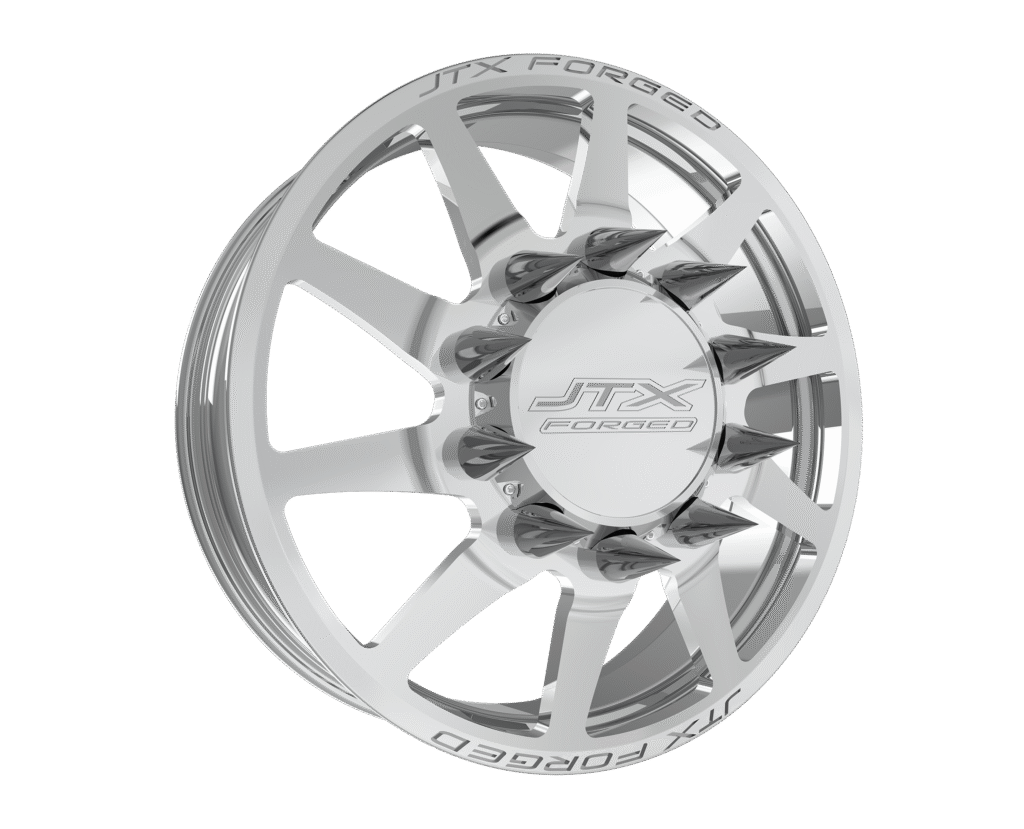 Chrome wheel rim with spiked center design.