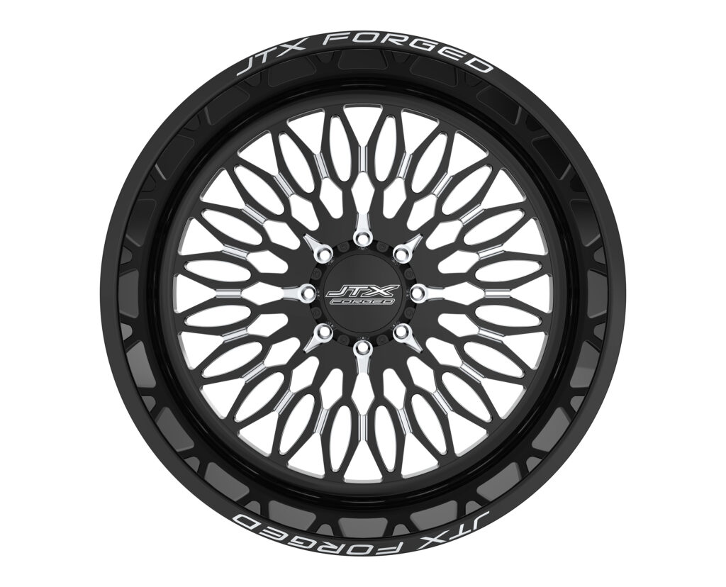 Black forged wheel with intricate spoke design.