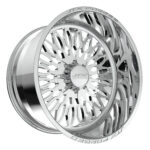 Chrome car wheel rim with intricate design.