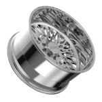 Chrome alloy wheel with intricate design pattern.