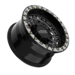 Black alloy wheel with decorative detailing.