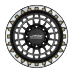Black and silver alloy wheel with logo.