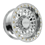 Chrome wheel rim with intricate design.