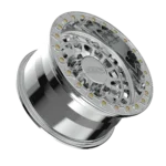 Chrome car wheel with intricate design.