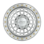 Silver car wheel rim with intricate design.