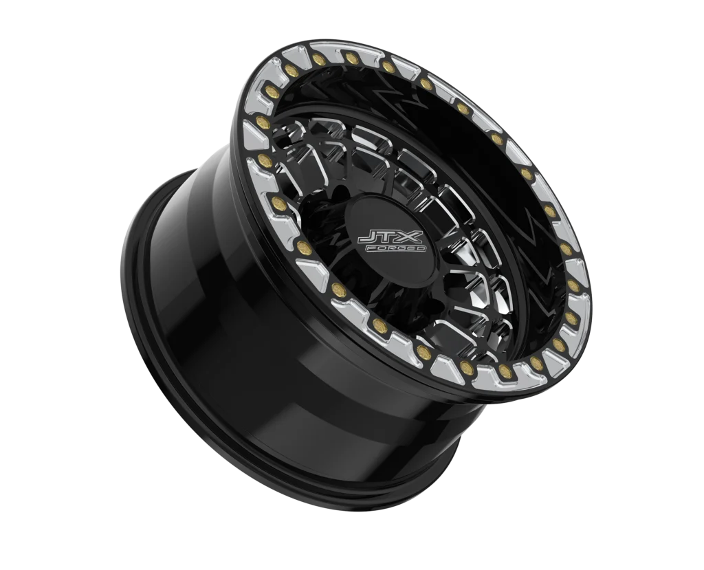 Black alloy wheel with silver details.