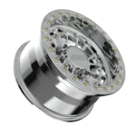 Shiny chrome wheel rim on black background.