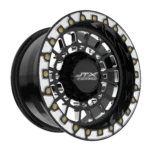 Black and silver JTX truck wheel rim.