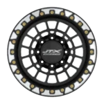 Black and silver car wheel with bolts.
