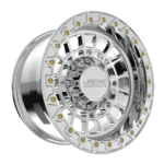 Chrome alloy wheel with gold accents.