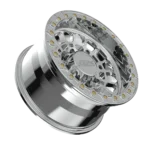 Chrome car wheel rim on black background.