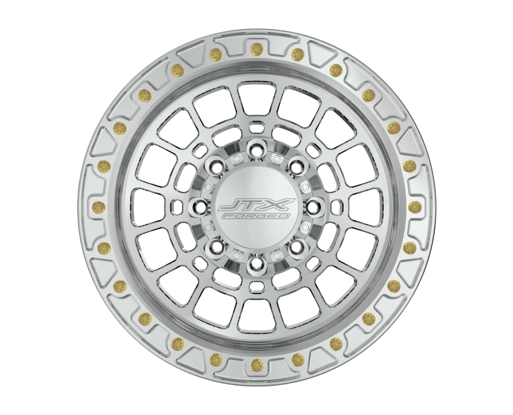 Silver alloy wheel with gold accents.
