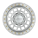 Silver alloy wheel with gold accents.