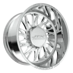 Chrome car wheel rim with intricate design.