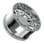 Chrome alloy car wheel rim on black.