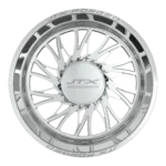 Silver custom car wheel with intricate design.