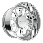 Chrome wheel rim with intricate spoke design.