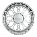 Silver alloy wheel with intricate design pattern.