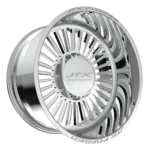 Chrome car wheel rim with intricate design.