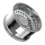Chrome car wheel rim on black background.