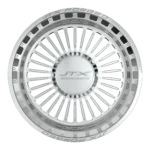 Silver wheel rim with intricate spoke design.